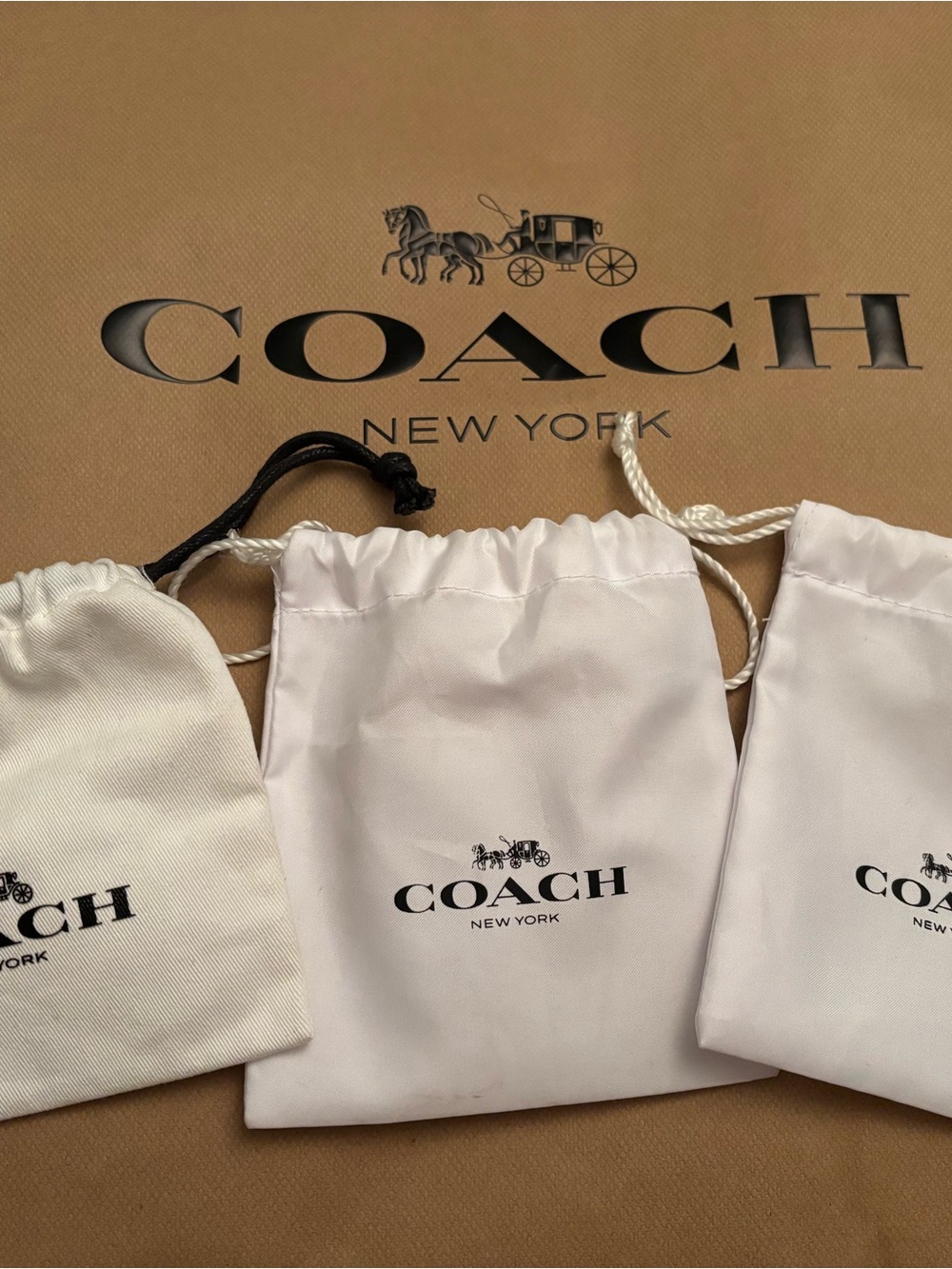 Coach White Drawstring Pouch Set with Black Logo